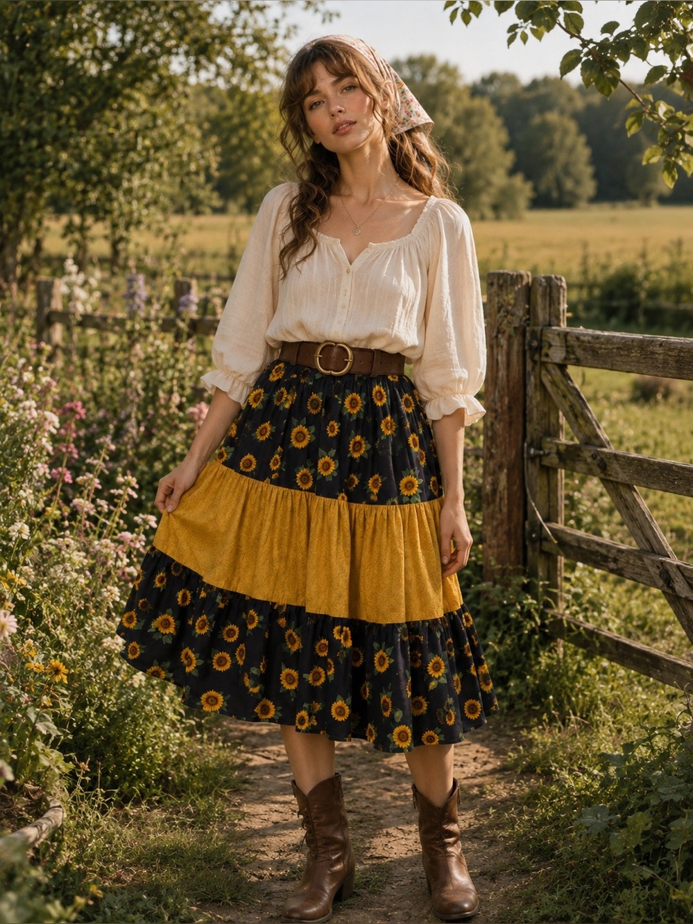 Handmade Sunflower Full Tiered Flowing Midi Skirt